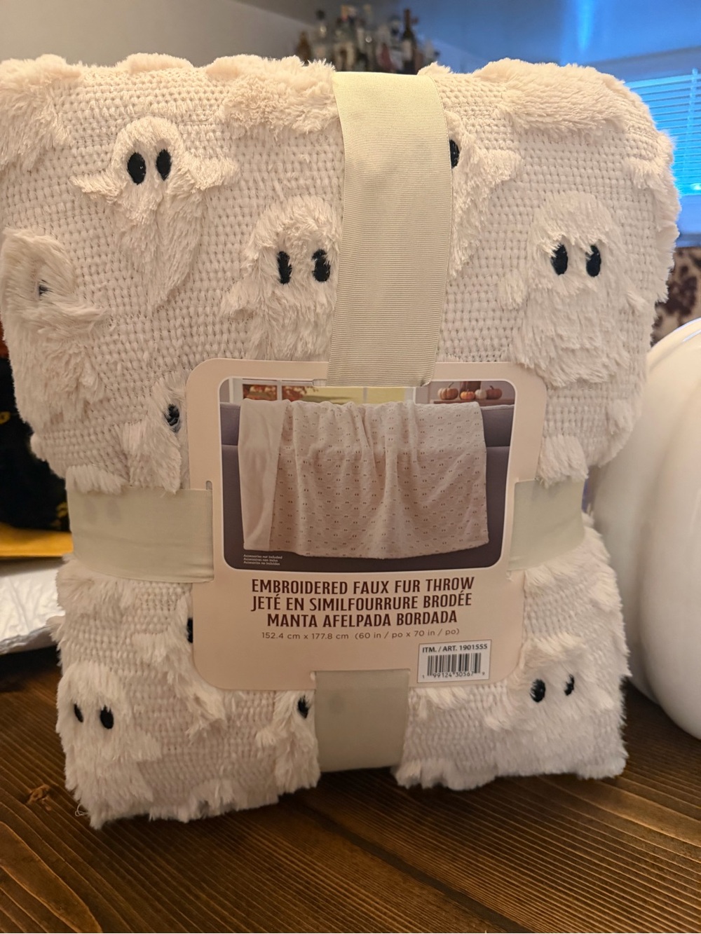 Embroidered Faux Fur Ghost Throw Blanket - Cream